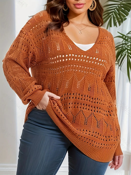 Plus Size Casual Knit Top, Women's Solid Hollow Out Long Sleeve V Neck Sheer Pullover Sweater,Autumn&Winter Sweater