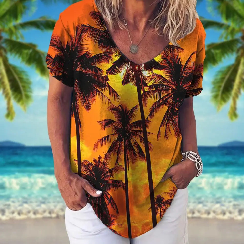 Summer Women T-Shirt Hawaiian Shirt Coconut Palm Pattern V Neck Short Sleeve Tops Vacation Apparel 5xl Girls Tee Ladies Clothing