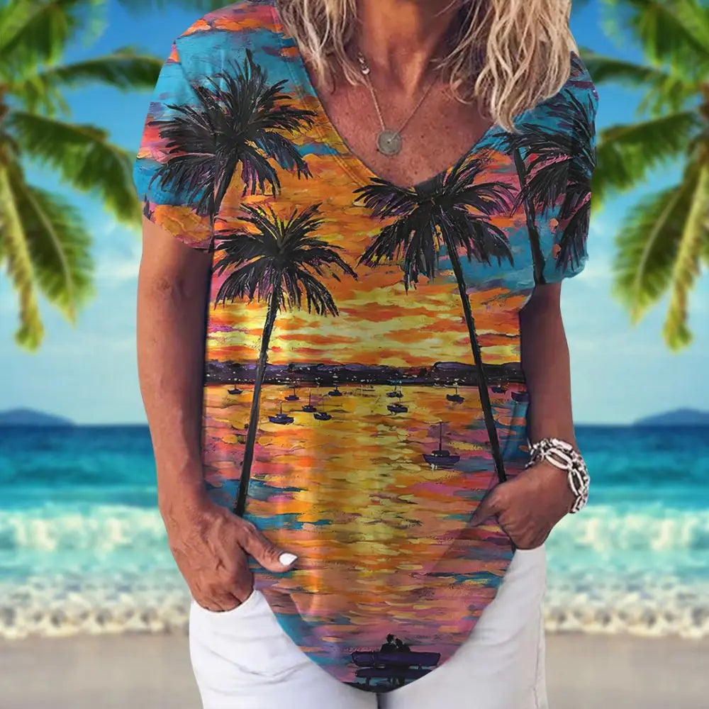 Summer Women T-Shirt Hawaiian Shirt Coconut Palm Pattern V Neck Short Sleeve Tops Vacation Apparel 5xl Girls Tee Ladies Clothing