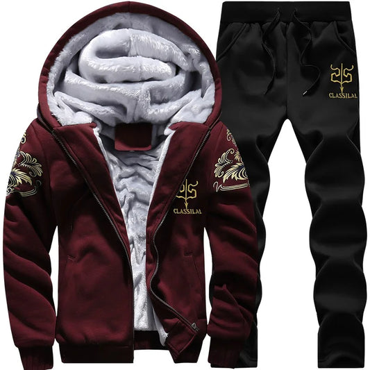 Men's Winter Sportswear Set Hooded Casual Hooded Thickened Warm Sweatshirt+Pants Two Piece Set