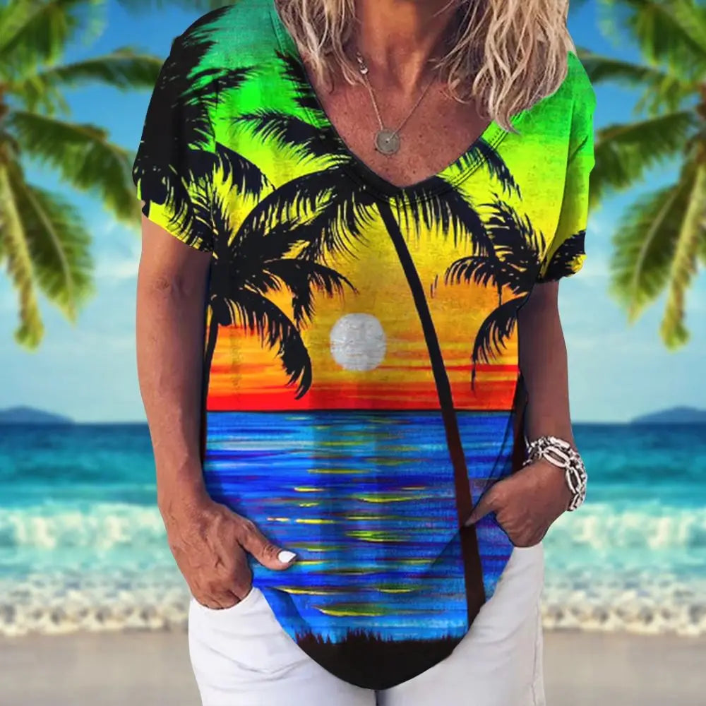 Summer Women T-Shirt Hawaiian Shirt Coconut Palm Pattern V Neck Short Sleeve Tops Vacation Apparel 5xl Girls Tee Ladies Clothing