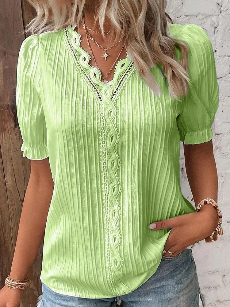 2024 Summer New Women's Blouse Top Solid Sexy V-Neck Hollow Short Sleeve Fashion Splice Plus Size Loose Street Apparel Shirt