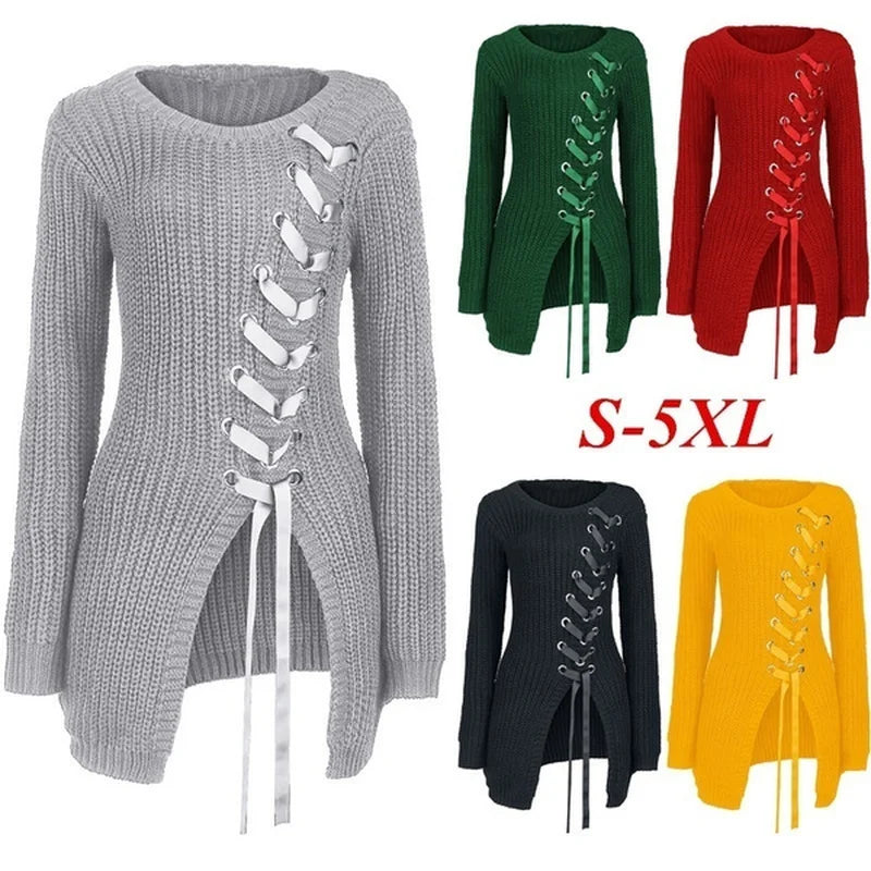 Sewater Women Autumn Casual Lace Up Sexy Side Slit Solid Clolor Plus Size Loose Pullover Slim Fit Knitted Sweaters Pullovers