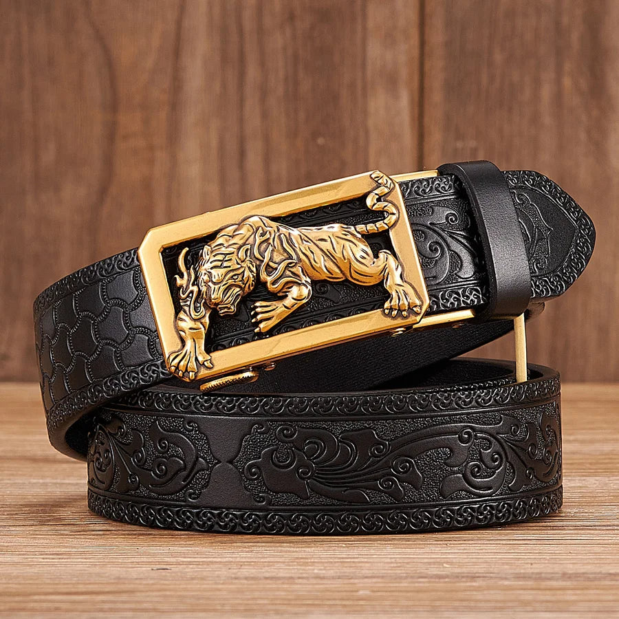 3.5CM Fashion Tiger Automatic Buckle with Tang Grass Pattern Genuine Leather Belt for Men Work of Art Belt Business Strap Cintos