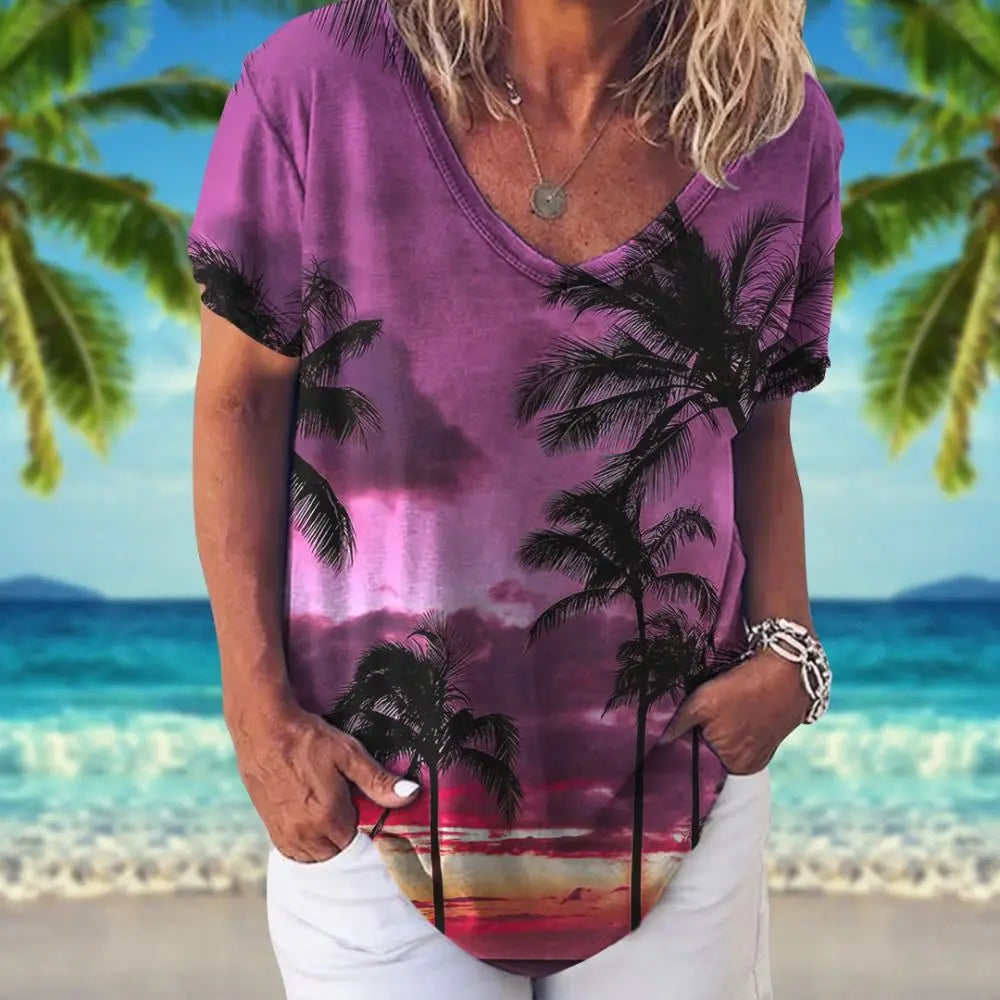 Summer Women T-Shirt Hawaiian Shirt Coconut Palm Pattern V Neck Short Sleeve Tops Vacation Apparel 5xl Girls Tee Ladies Clothing