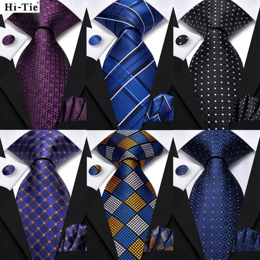 Hi-Tie Plaid Navy Blue Silk Elegant Tie For Men Groom Wedding Men Necktie Pocket Square Cufflink Accessory Wholesale Designer