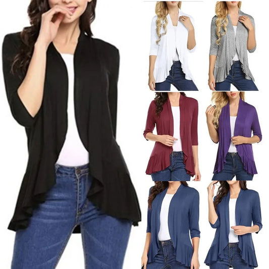 Women's Cardigan Spring Summer Autumn Clothing Solid Color Slim Top Ruffle Hem Three Quarter Sleeve Thin Simple Coat Black White