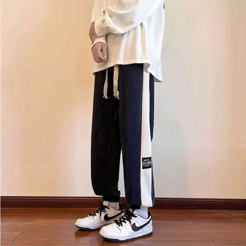 Priavthinker Corduroy Men's Joggers Pants Streetwear Side Patchwork Man Cargo Pants 2023 High Wasit Man Oversized Sweatpants