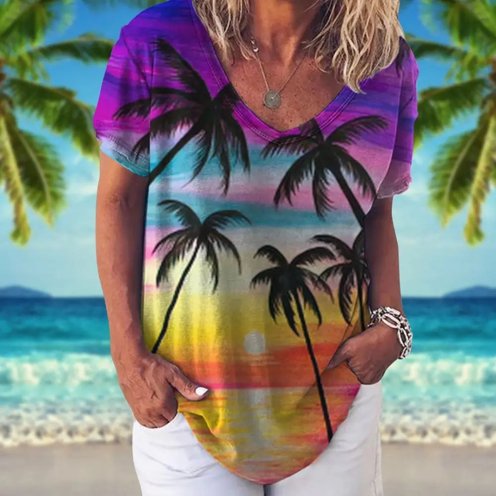 Summer Women T-Shirt Hawaiian Shirt Coconut Palm Pattern V Neck Short Sleeve Tops Vacation Apparel 5xl Girls Tee Ladies Clothing