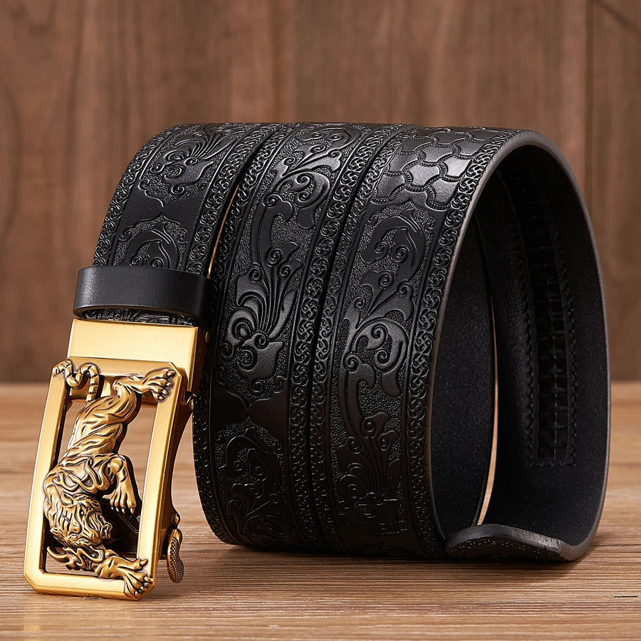 3.5CM Fashion Tiger Automatic Buckle with Tang Grass Pattern Genuine Leather Belt for Men Work of Art Belt Business Strap Cintos