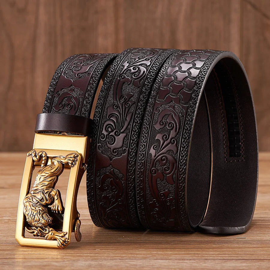 3.5CM Fashion Tiger Automatic Buckle with Tang Grass Pattern Genuine Leather Belt for Men Work of Art Belt Business Strap Cintos