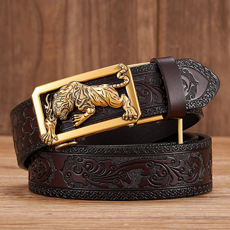 3.5CM Fashion Tiger Automatic Buckle with Tang Grass Pattern Genuine Leather Belt for Men Work of Art Belt Business Strap Cintos