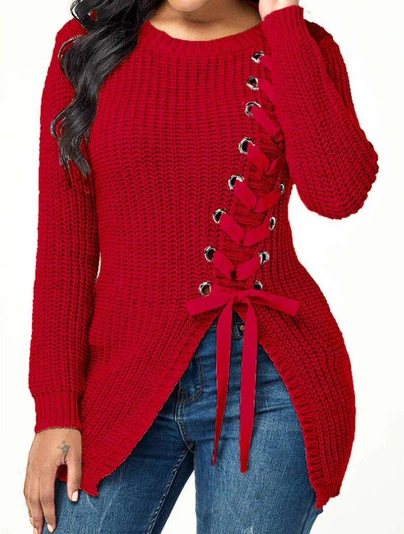 Sewater Women Autumn Casual Lace Up Sexy Side Slit Solid Clolor Plus Size Loose Pullover Slim Fit Knitted Sweaters Pullovers