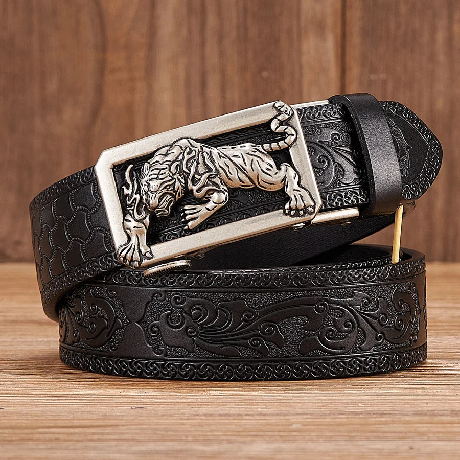 3.5CM Fashion Tiger Automatic Buckle with Tang Grass Pattern Genuine Leather Belt for Men Work of Art Belt Business Strap Cintos